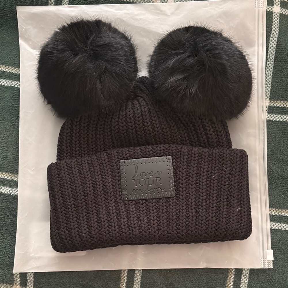 Love Your Melon Black Double Pom-Pom Knit Hat